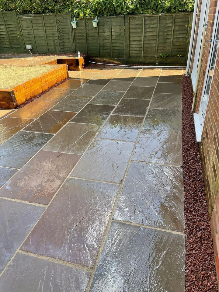 autumn brown Indian sandstone paving slabs 900x600