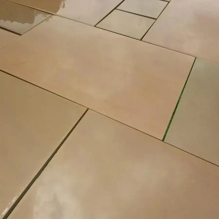 Raj green sawn honed smooth Indian sandstone patio slabs